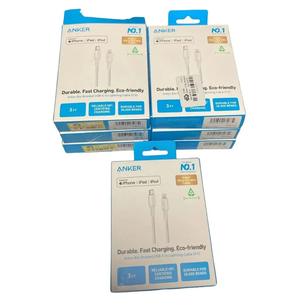 Anker Bio‑Braided 3ft Lightning to USB‑C Cable White MFi Certified Fast Lot of 7